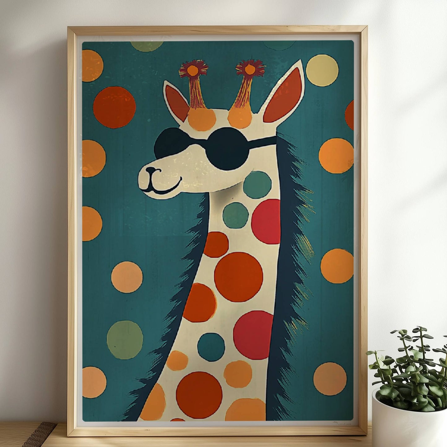 Lustiges LAMA mit schwarzer Sonnenbrille und bunten Punkten auf türkisfarbenem Hintergrund – modernes Tierposter.. Rahmen natur 50x70