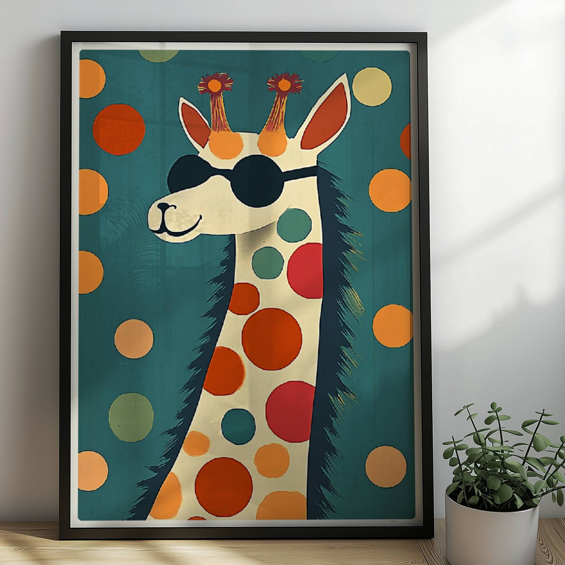 Lustiges LAMA mit schwarzer Sonnenbrille und bunten Punkten auf türkisfarbenem Hintergrund – modernes Tierposter.. Rahmen schwarz 50x70