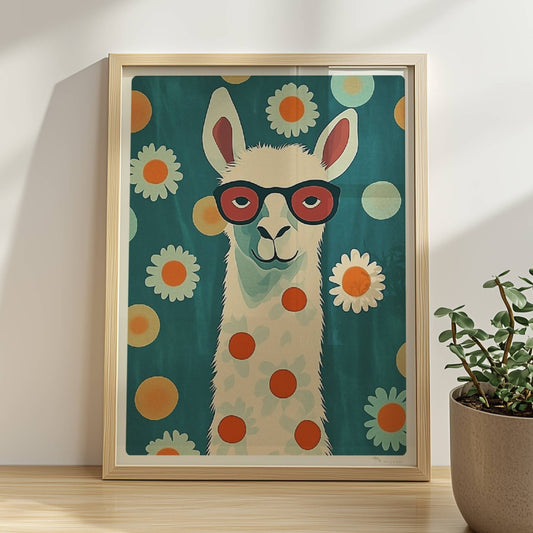 Stylisches LAMA mit roter Brille, weißen Gänseblümchen und orangen Punkten auf türkisfarbenem Hintergrund – witzige Tierillustration.. Rahmen natur 30x40