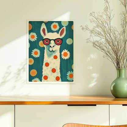 Stylisches LAMA mit roter Brille, weißen Gänseblümchen und orangen Punkten auf türkisfarbenem Hintergrund – witzige Tierillustration.. Ohne Rahmen 30x40