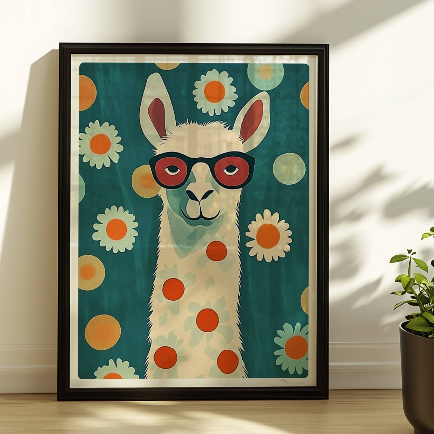 Stylisches LAMA mit roter Brille, weißen Gänseblümchen und orangen Punkten auf türkisfarbenem Hintergrund – witzige Tierillustration.. Rahmen schwarz 30x40