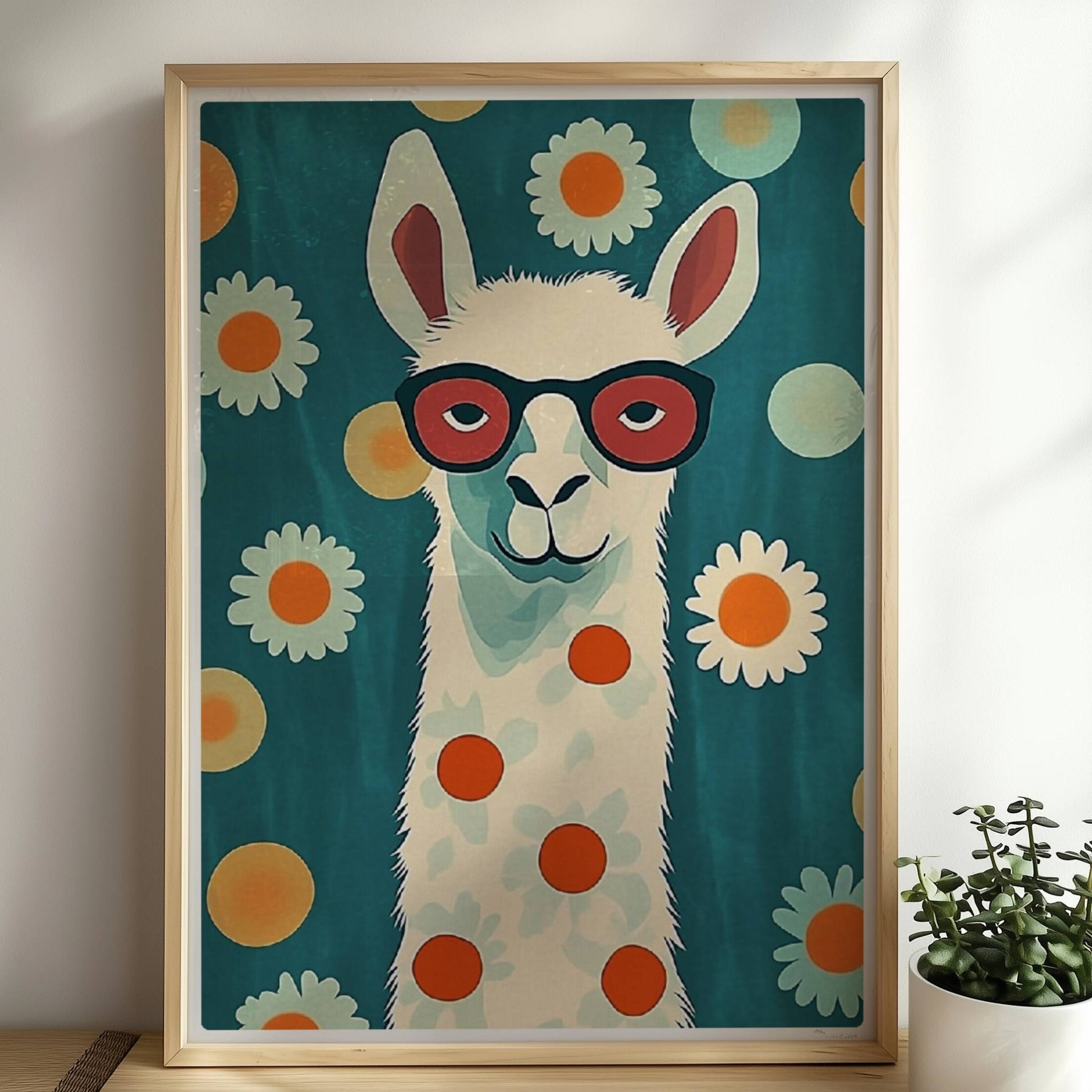 Stylisches LAMA mit roter Brille, weißen Gänseblümchen und orangen Punkten auf türkisfarbenem Hintergrund – witzige Tierillustration.. Rahmen natur 50x70