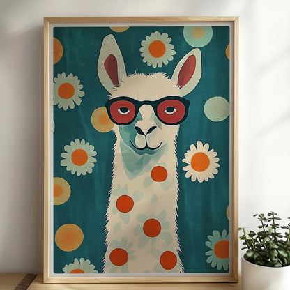 Stylisches LAMA mit roter Brille, weißen Gänseblümchen und orangen Punkten auf türkisfarbenem Hintergrund – witzige Tierillustration.. Rahmen natur 50x70