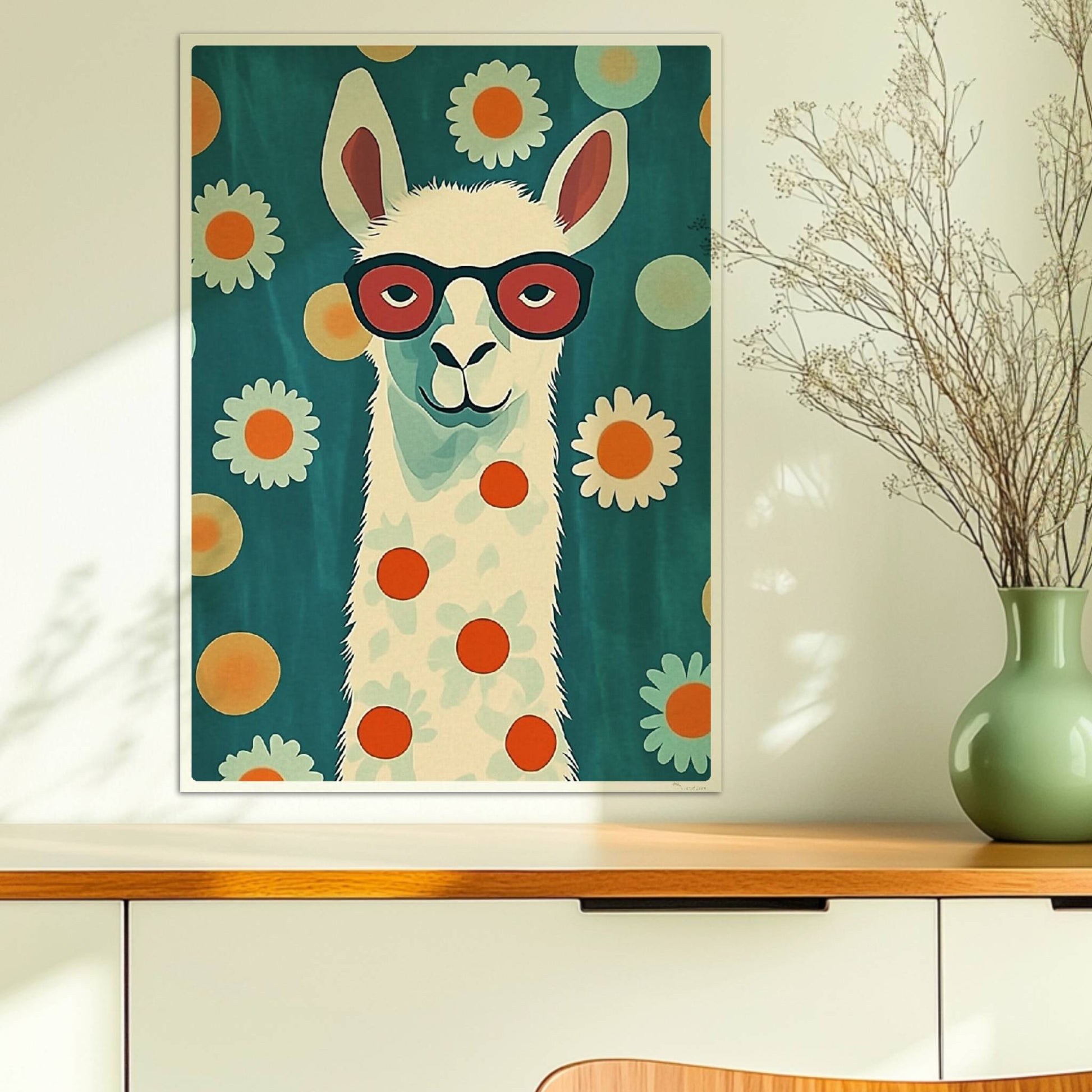 Stylisches LAMA mit roter Brille, weißen Gänseblümchen und orangen Punkten auf türkisfarbenem Hintergrund – witzige Tierillustration.. Ohne Rahmen 50x70