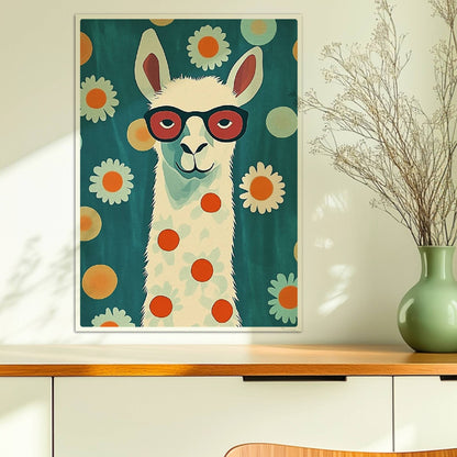 Stylisches LAMA mit roter Brille, weißen Gänseblümchen und orangen Punkten auf türkisfarbenem Hintergrund – witzige Tierillustration.. Ohne Rahmen 50x70