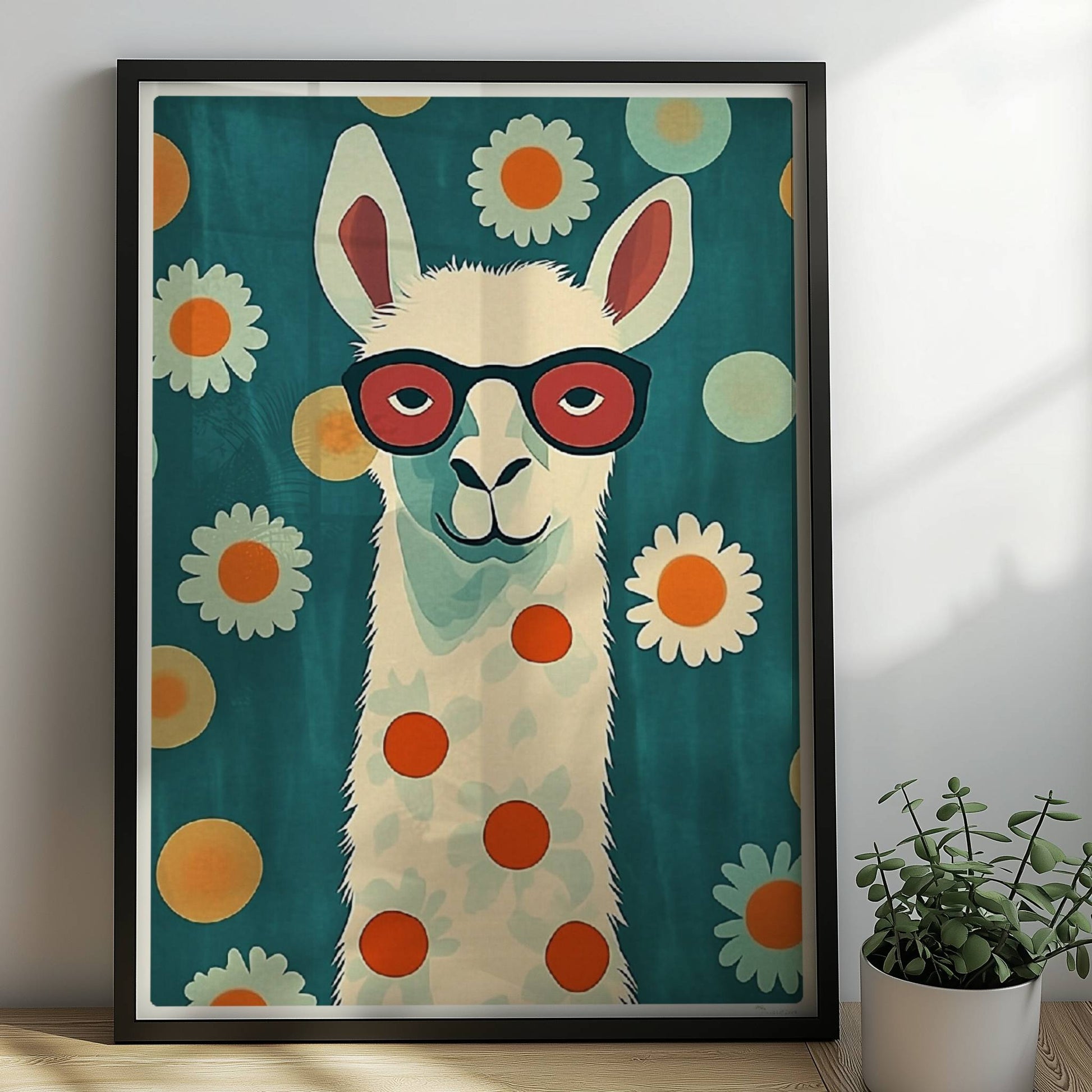Stylisches LAMA mit roter Brille, weißen Gänseblümchen und orangen Punkten auf türkisfarbenem Hintergrund – witzige Tierillustration.. Rahmen schwarz 50x70