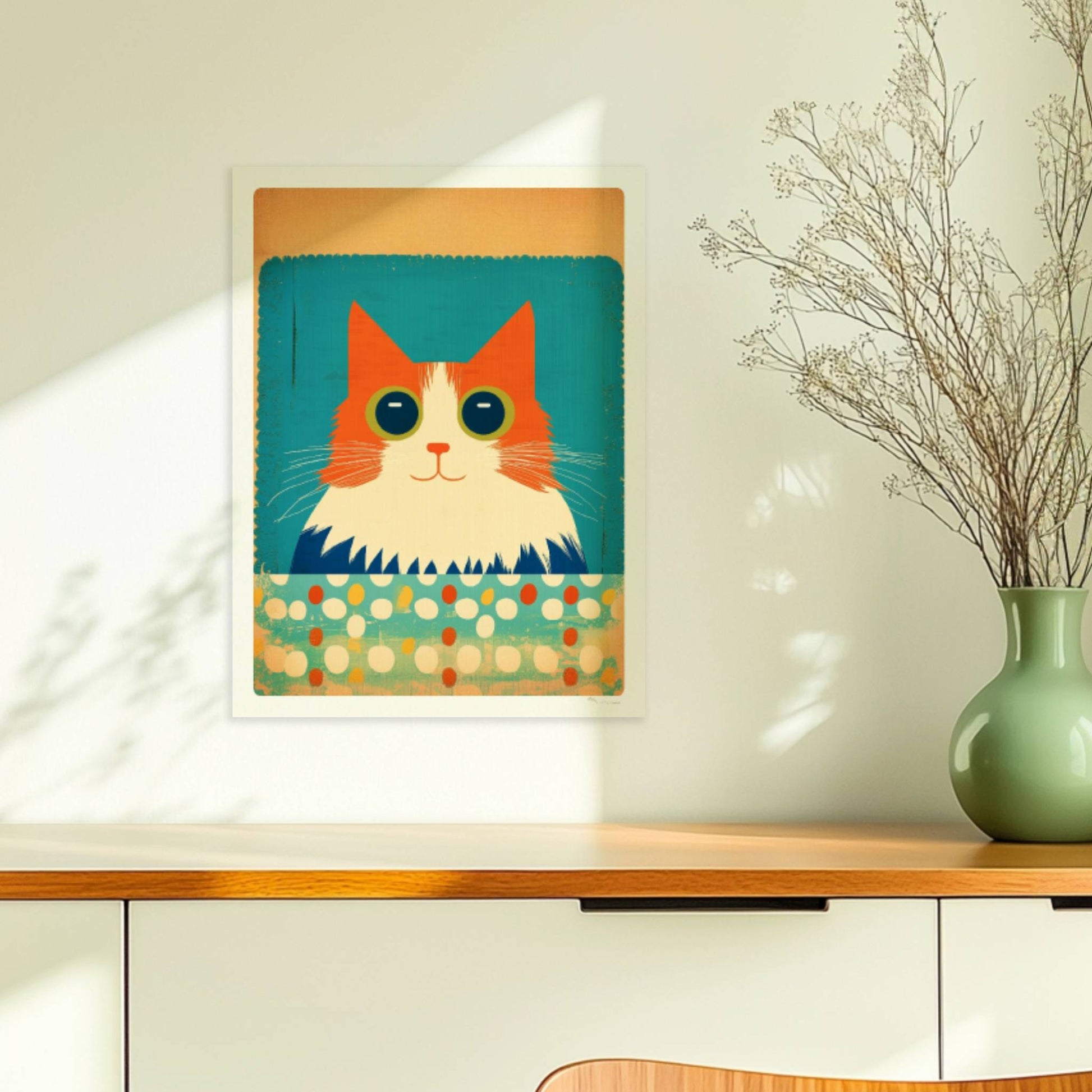 Rote Katze mit großen Augen und fluffigem Fell auf türkisfarbenem, gepunktetem Hintergrund – charmante Tierillustration.. Ohne Rahmen 30x40