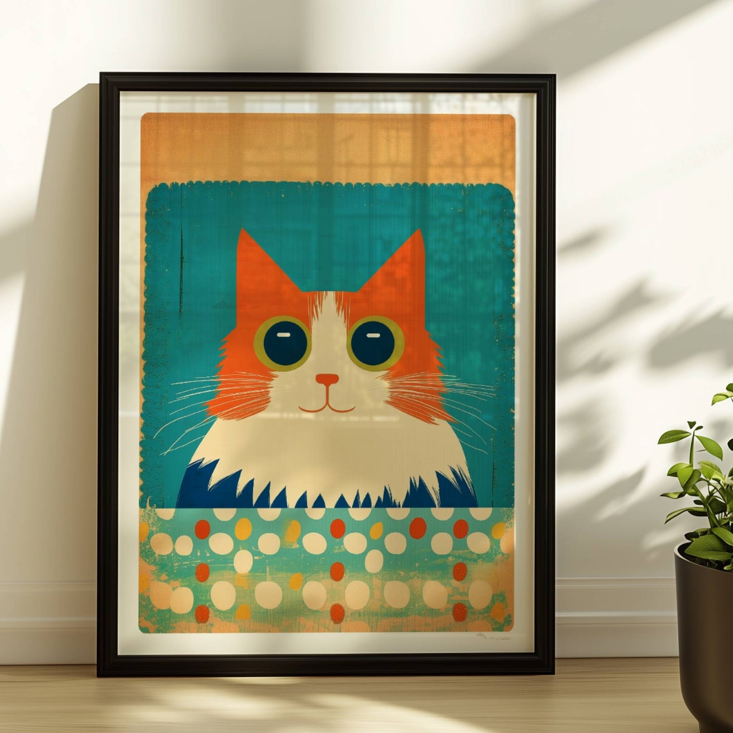 Rote Katze mit großen Augen und fluffigem Fell auf türkisfarbenem, gepunktetem Hintergrund – charmante Tierillustration.. Rahmen schwarz 30x40