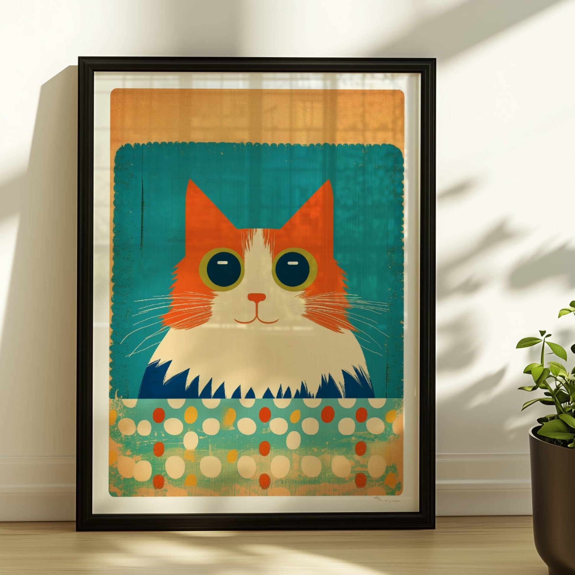 Rote Katze mit großen Augen und fluffigem Fell auf türkisfarbenem, gepunktetem Hintergrund – charmante Tierillustration.. Rahmen schwarz 30x40