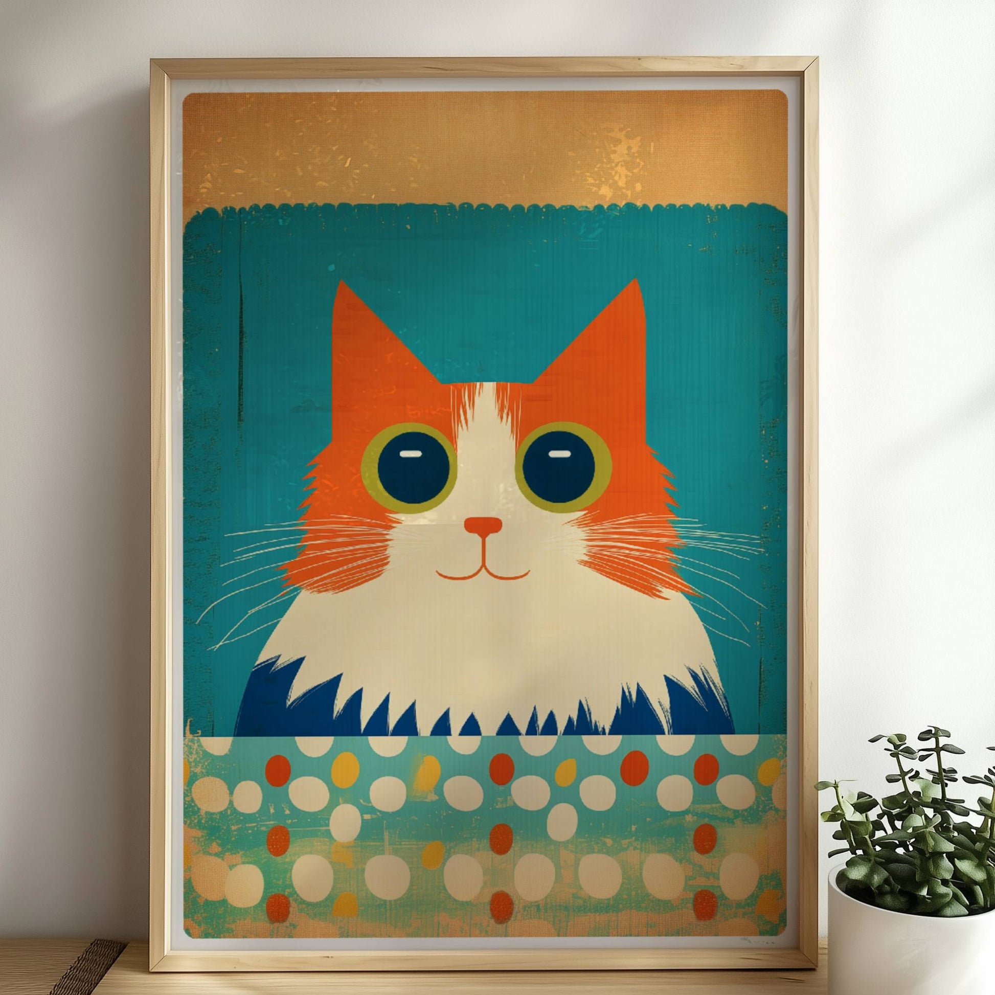 Rote Katze mit großen Augen und fluffigem Fell auf türkisfarbenem, gepunktetem Hintergrund – charmante Tierillustration.. Rahmen natur 50x70