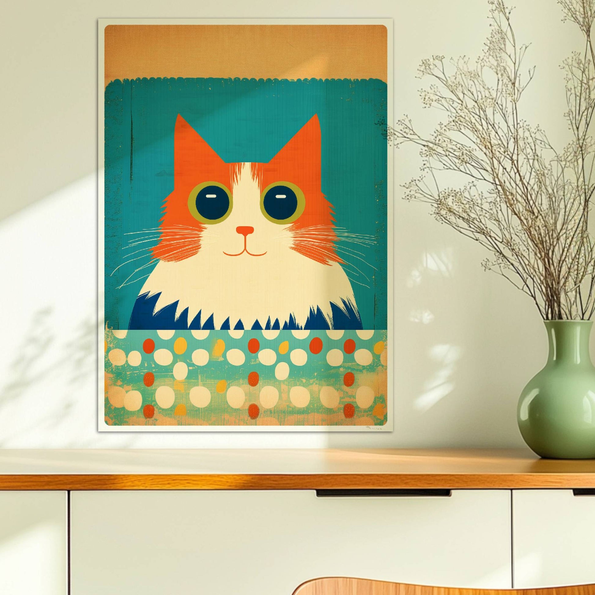 Rote Katze mit großen Augen und fluffigem Fell auf türkisfarbenem, gepunktetem Hintergrund – charmante Tierillustration.. Ohne Rahmen 50x70