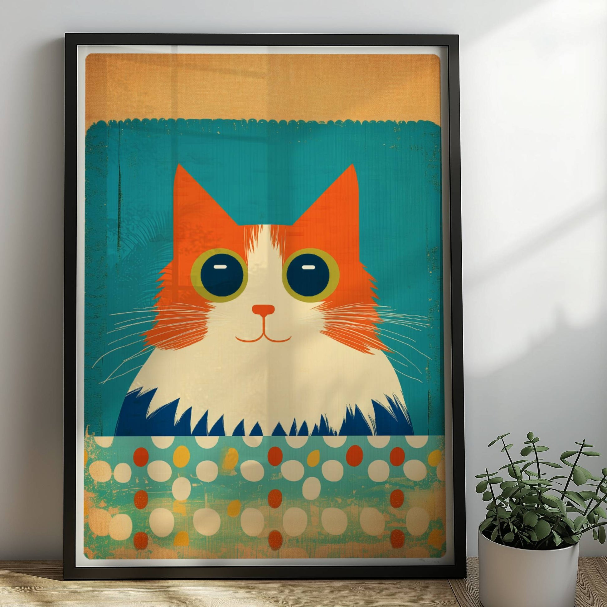 Rote Katze mit großen Augen und fluffigem Fell auf türkisfarbenem, gepunktetem Hintergrund – charmante Tierillustration.. Rahmen schwarz 50x70