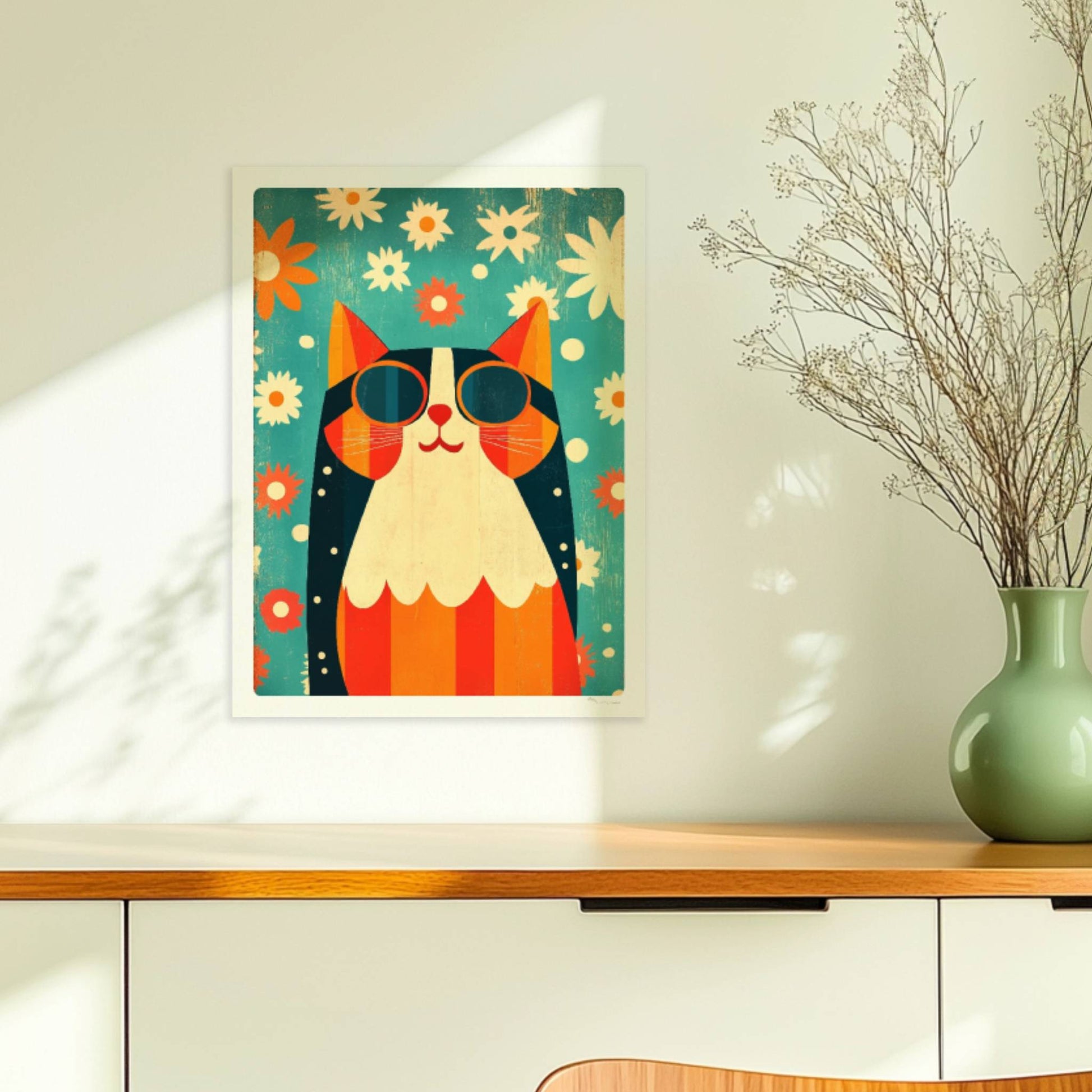 Bunte Hippie-Katze mit Sonnenbrille und Blumenhintergrund – fröhliche Retro-Tierillustration.. Ohne Rahmen 30x40
