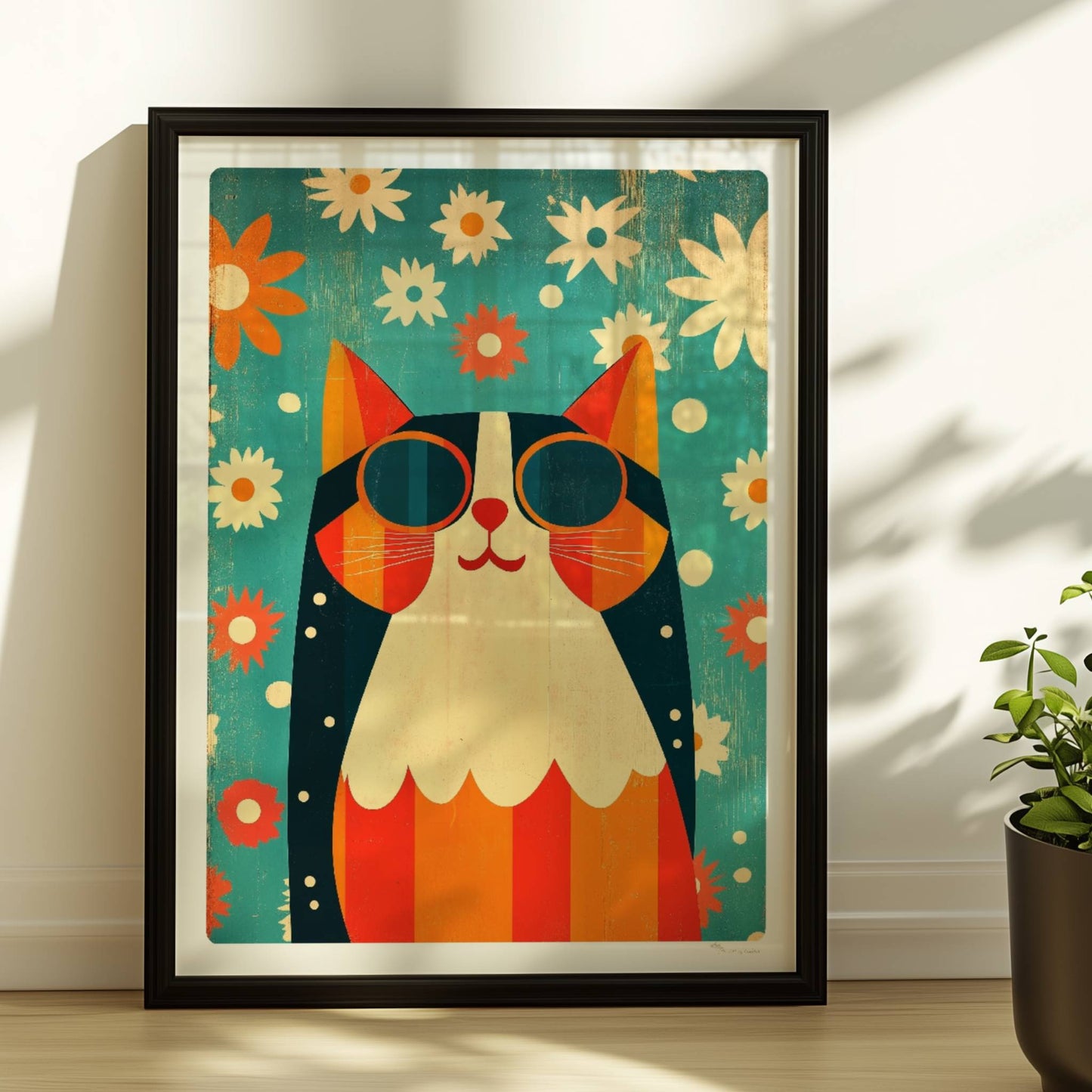 Bunte Hippie-Katze mit Sonnenbrille und Blumenhintergrund – fröhliche Retro-Tierillustration.. Rahmen schwarz 30x40