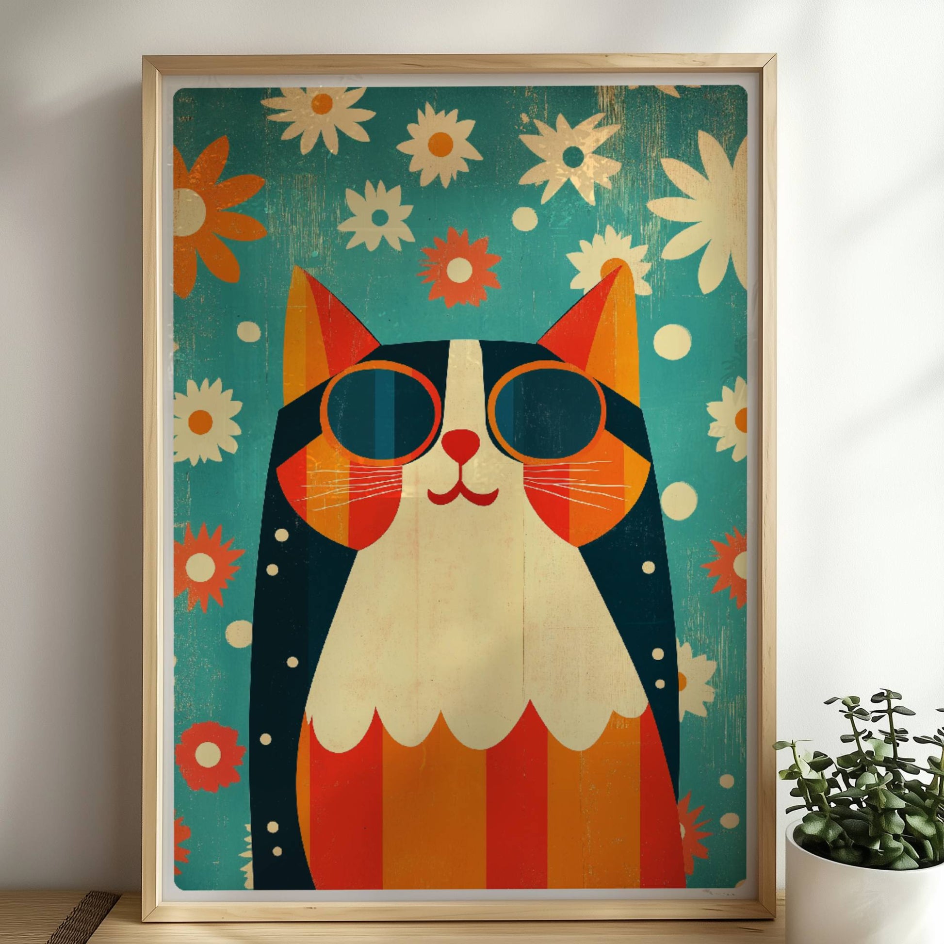 Bunte Hippie-Katze mit Sonnenbrille und Blumenhintergrund – fröhliche Retro-Tierillustration.. Rahmen natur 50x70