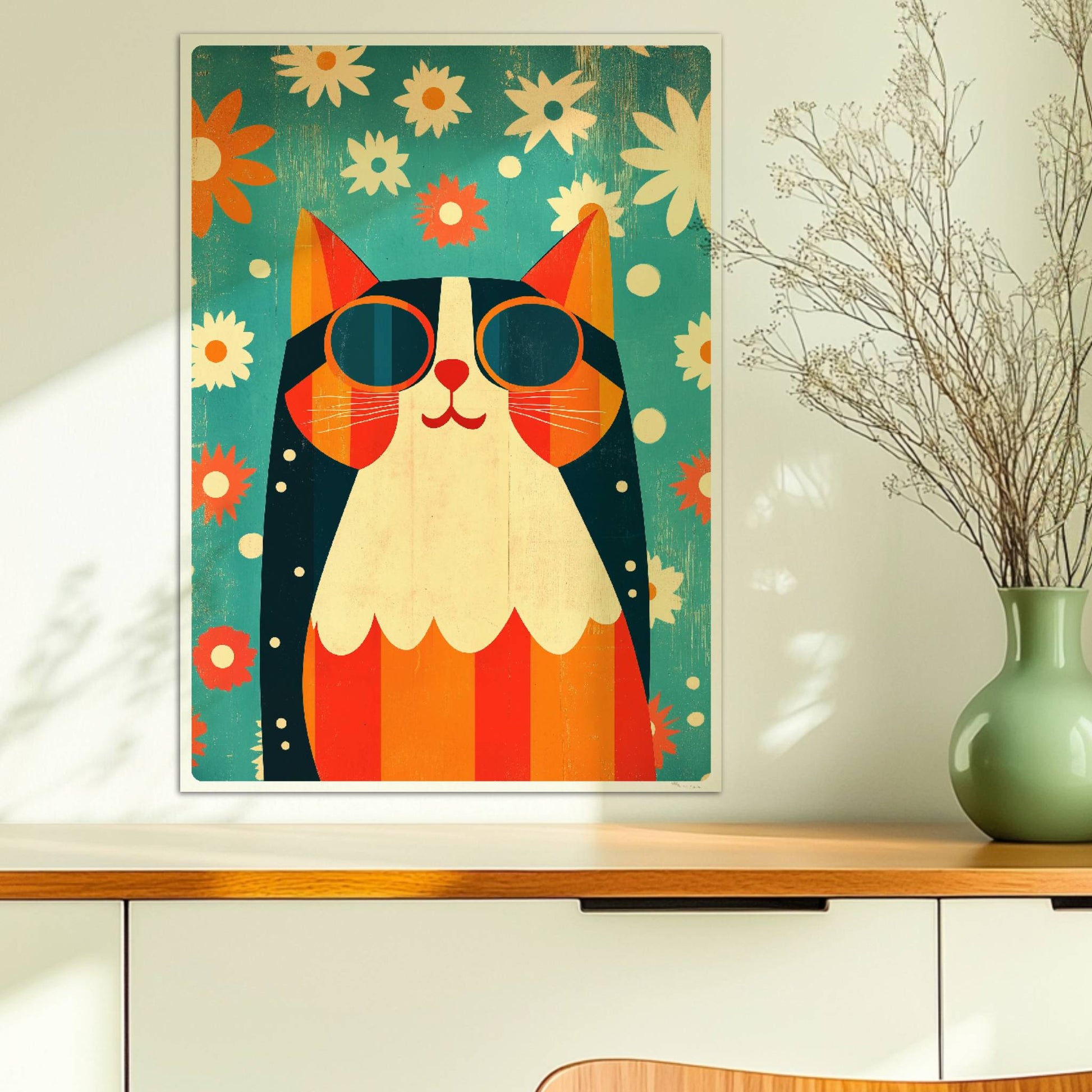 Bunte Hippie-Katze mit Sonnenbrille und Blumenhintergrund – fröhliche Retro-Tierillustration.. Ohne Rahmen 50x70