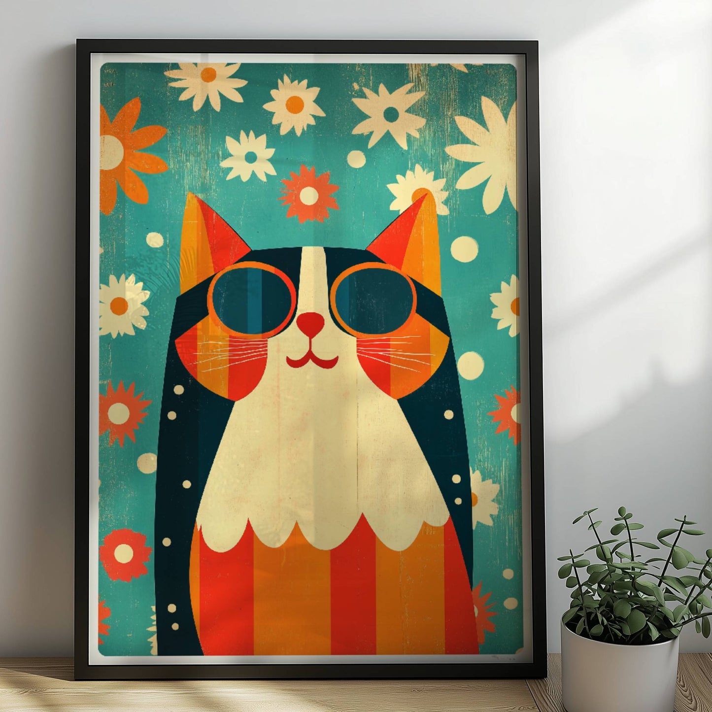 Bunte Hippie-Katze mit Sonnenbrille und Blumenhintergrund – fröhliche Retro-Tierillustration.. Rahmen schwarz 50x70