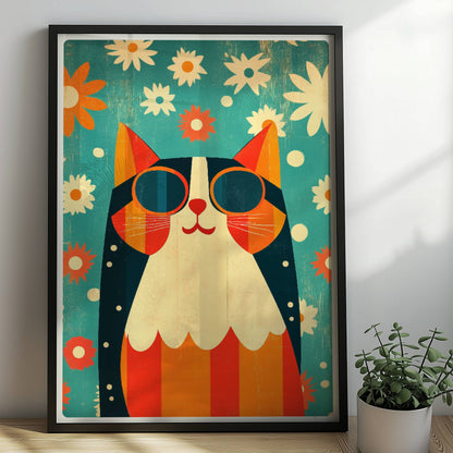 Bunte Hippie-Katze mit Sonnenbrille und Blumenhintergrund – fröhliche Retro-Tierillustration.. Rahmen schwarz 50x70