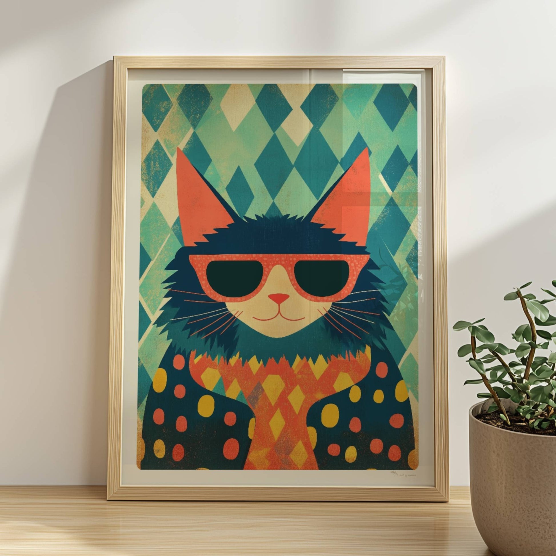 Cooler Kater mit Sonnenbrille und buntem Pullover vor grafischem Hintergrund – lustige Retro-Katzenillustration.. Rahmen natur 30x40