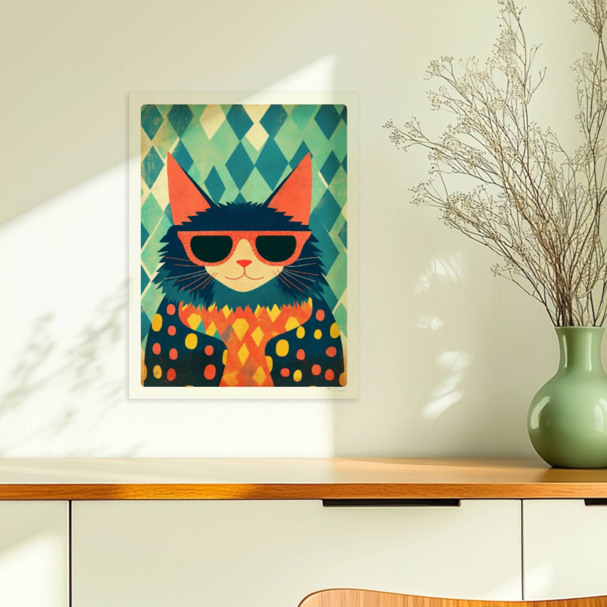 Cooler Kater mit Sonnenbrille und buntem Pullover vor grafischem Hintergrund – lustige Retro-Katzenillustration.. Ohne Rahmen 30x40