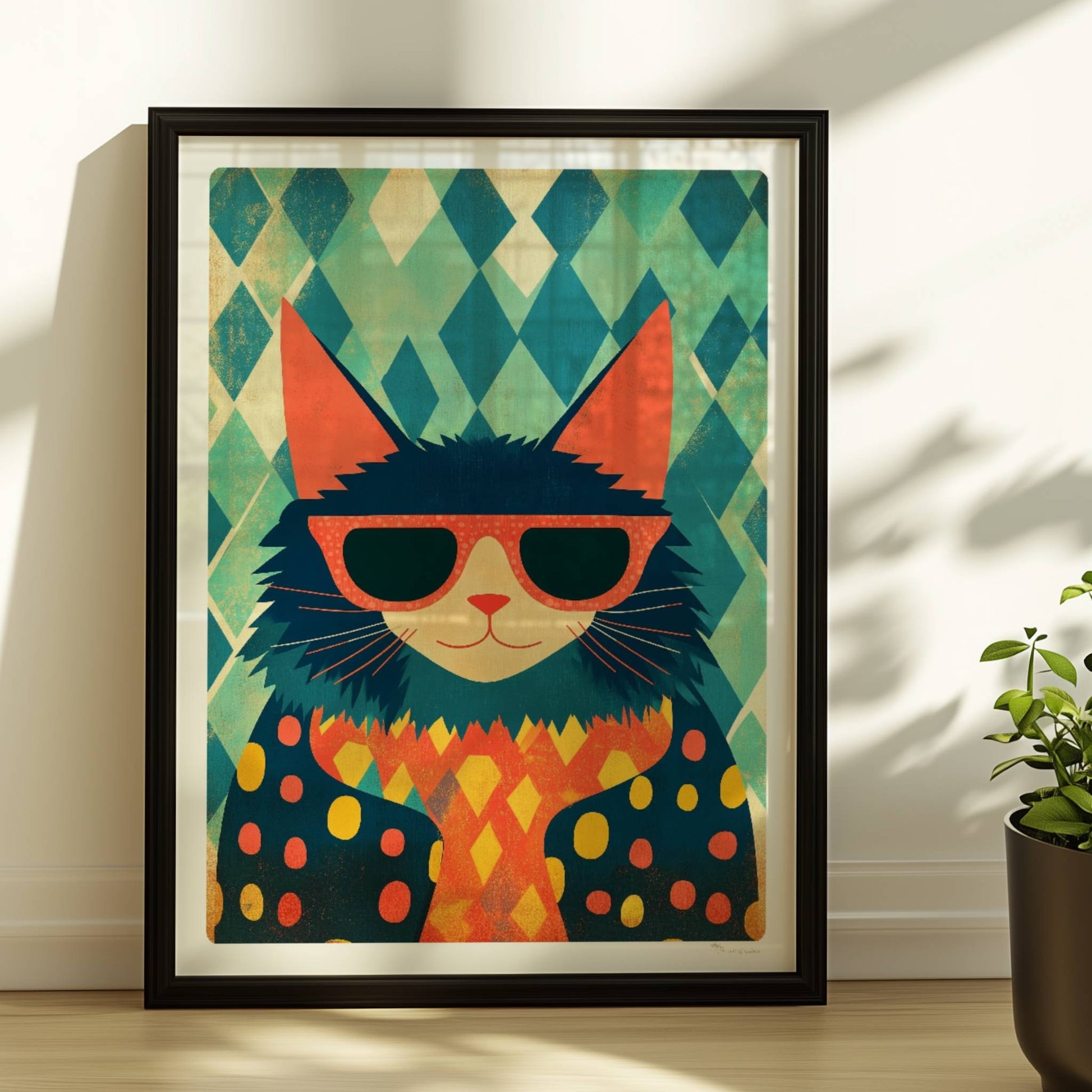 Cooler Kater mit Sonnenbrille und buntem Pullover vor grafischem Hintergrund – lustige Retro-Katzenillustration.. Rahmen schwarz 30x40