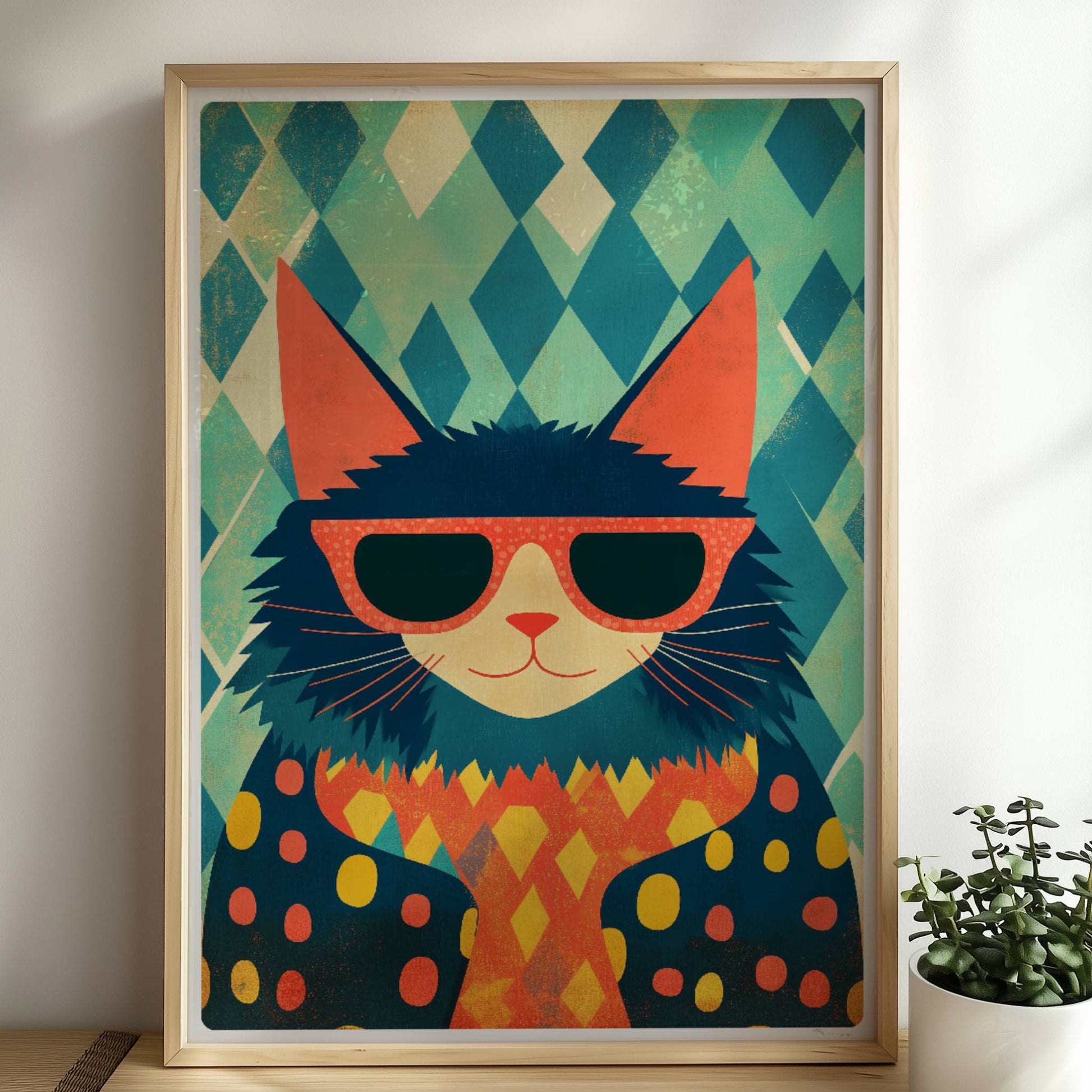 Cooler Kater mit Sonnenbrille und buntem Pullover vor grafischem Hintergrund – lustige Retro-Katzenillustration.. Rahmen natur 50x70