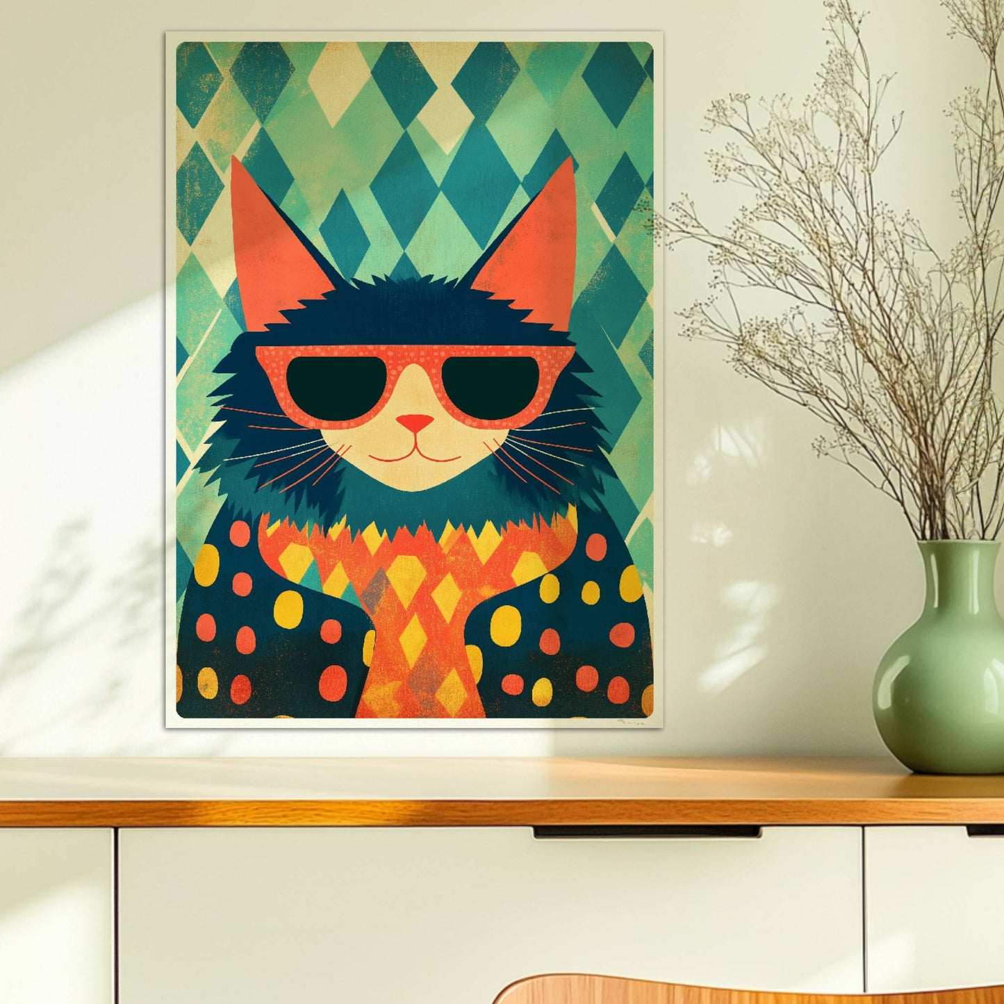 Cooler Kater mit Sonnenbrille und buntem Pullover vor grafischem Hintergrund – lustige Retro-Katzenillustration.. Ohne Rahmen 50x70