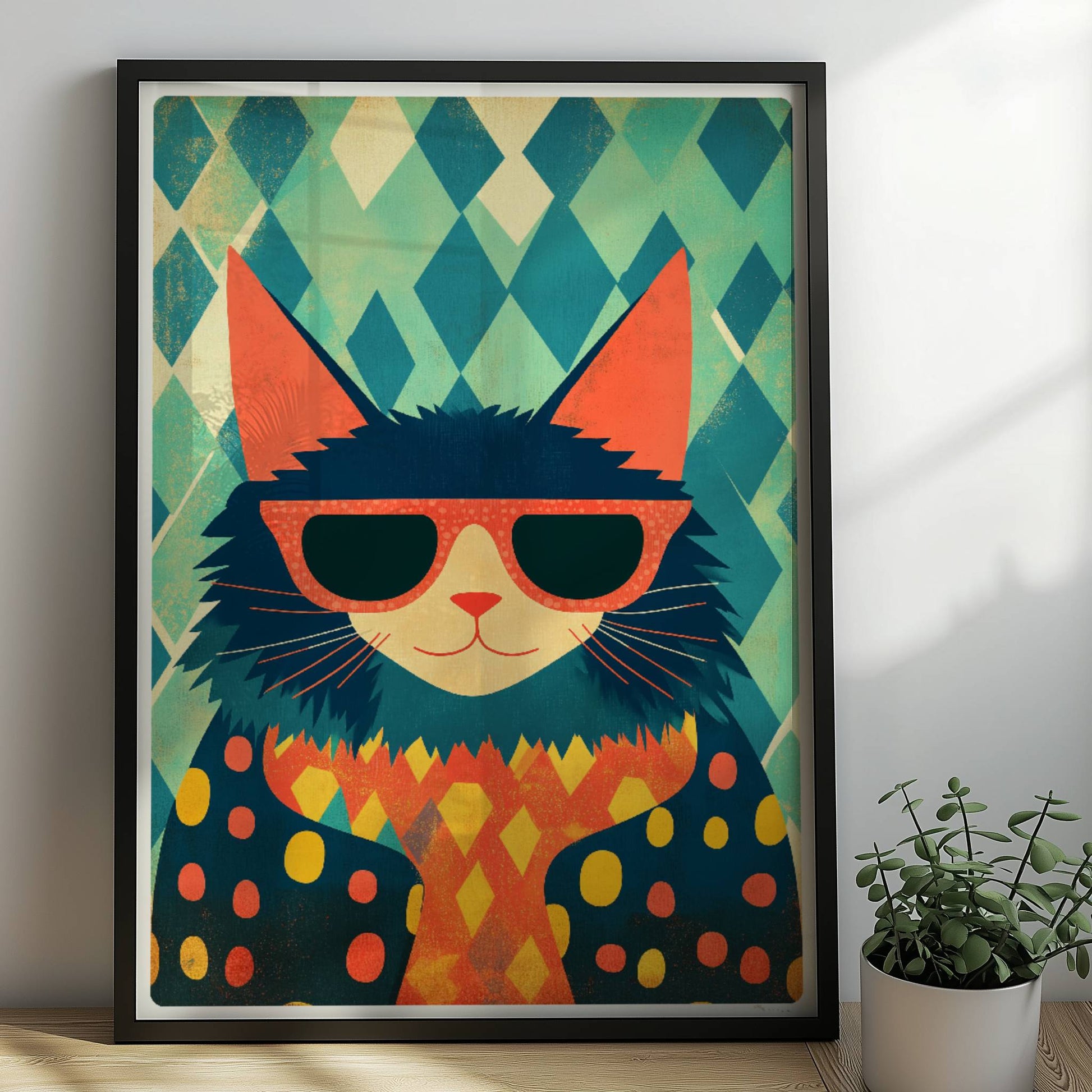 Cooler Kater mit Sonnenbrille und buntem Pullover vor grafischem Hintergrund – lustige Retro-Katzenillustration.. Rahmen schwarz 50x70
