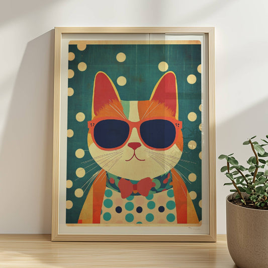 Rote Katze mit Sonnenbrille und Fliege vor gepunktetem Hintergrund – humorvolle Retro-Katzenillustration.. Rahmen natur 30x40