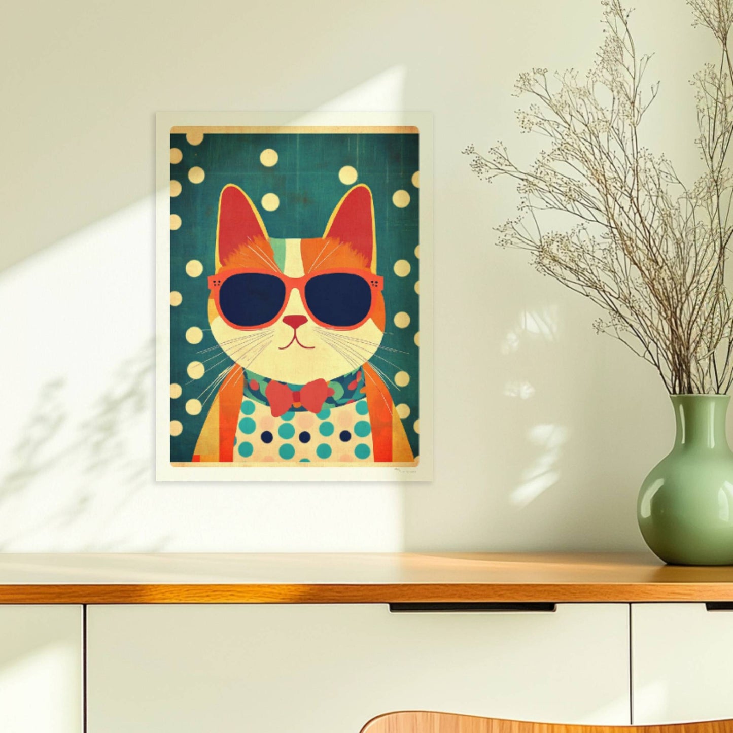 Rote Katze mit Sonnenbrille und Fliege vor gepunktetem Hintergrund – humorvolle Retro-Katzenillustration.. Ohne Rahmen 30x40