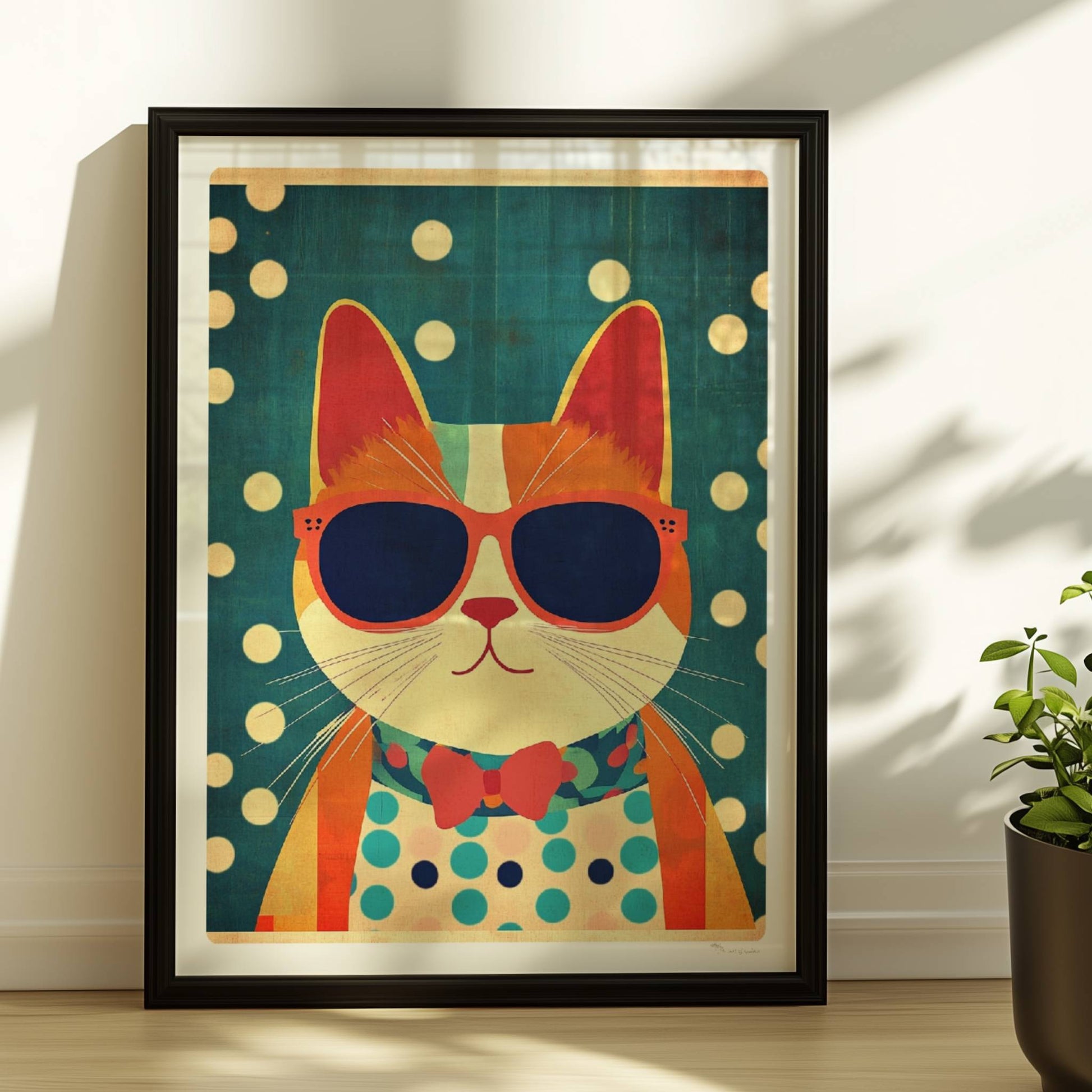 Rote Katze mit Sonnenbrille und Fliege vor gepunktetem Hintergrund – humorvolle Retro-Katzenillustration.. Rahmen schwarz 30x40