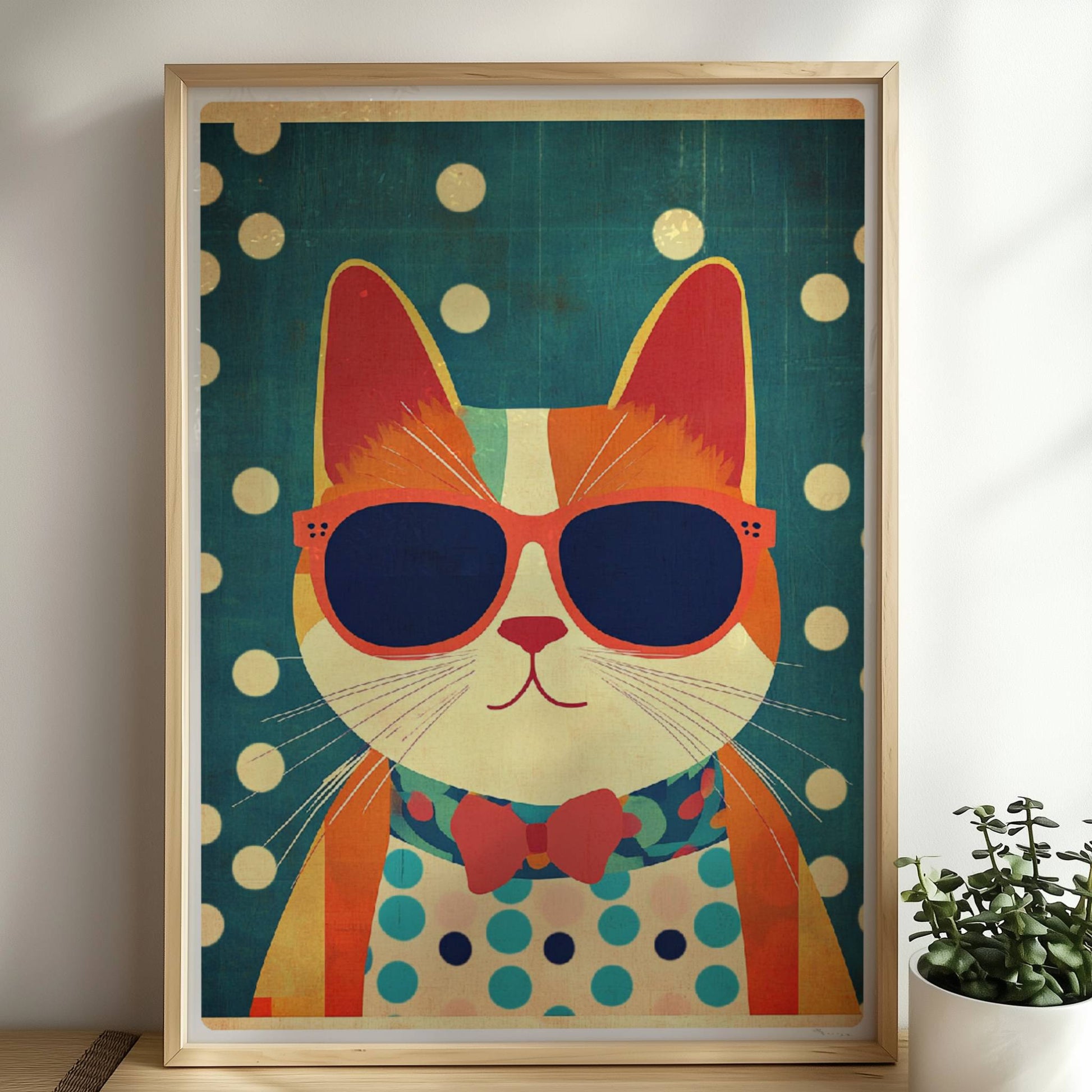 Rote Katze mit Sonnenbrille und Fliege vor gepunktetem Hintergrund – humorvolle Retro-Katzenillustration.. Rahmen natur 50x70