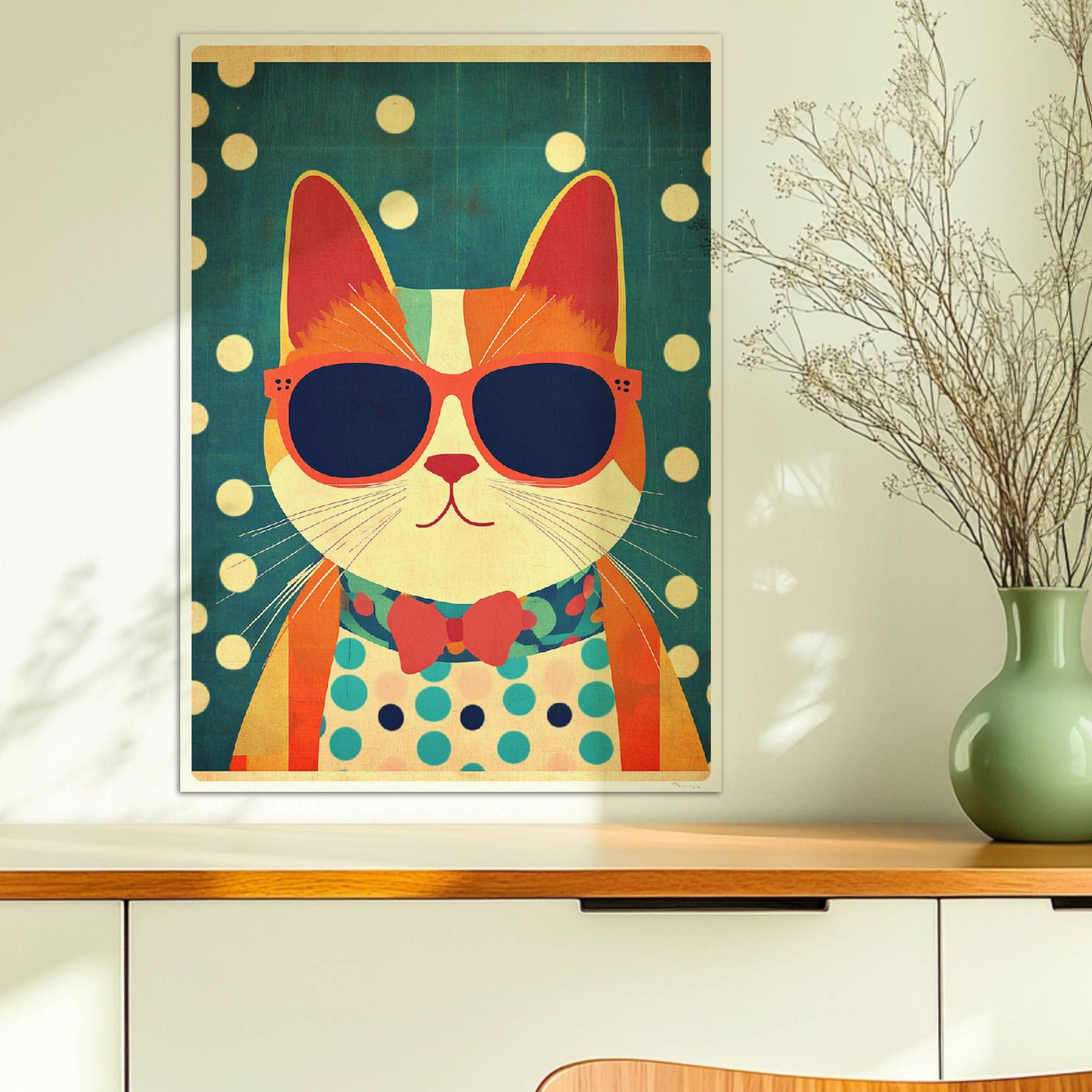 Rote Katze mit Sonnenbrille und Fliege vor gepunktetem Hintergrund – humorvolle Retro-Katzenillustration.. Ohne Rahmen 50x70