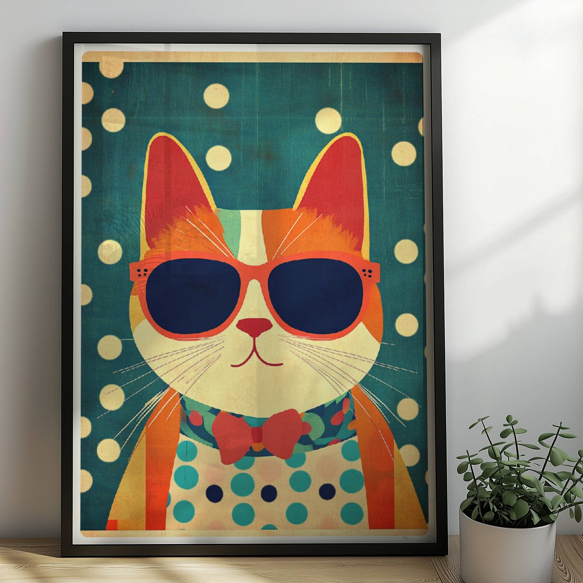 Rote Katze mit Sonnenbrille und Fliege vor gepunktetem Hintergrund – humorvolle Retro-Katzenillustration.. Rahmen schwarz 50x70