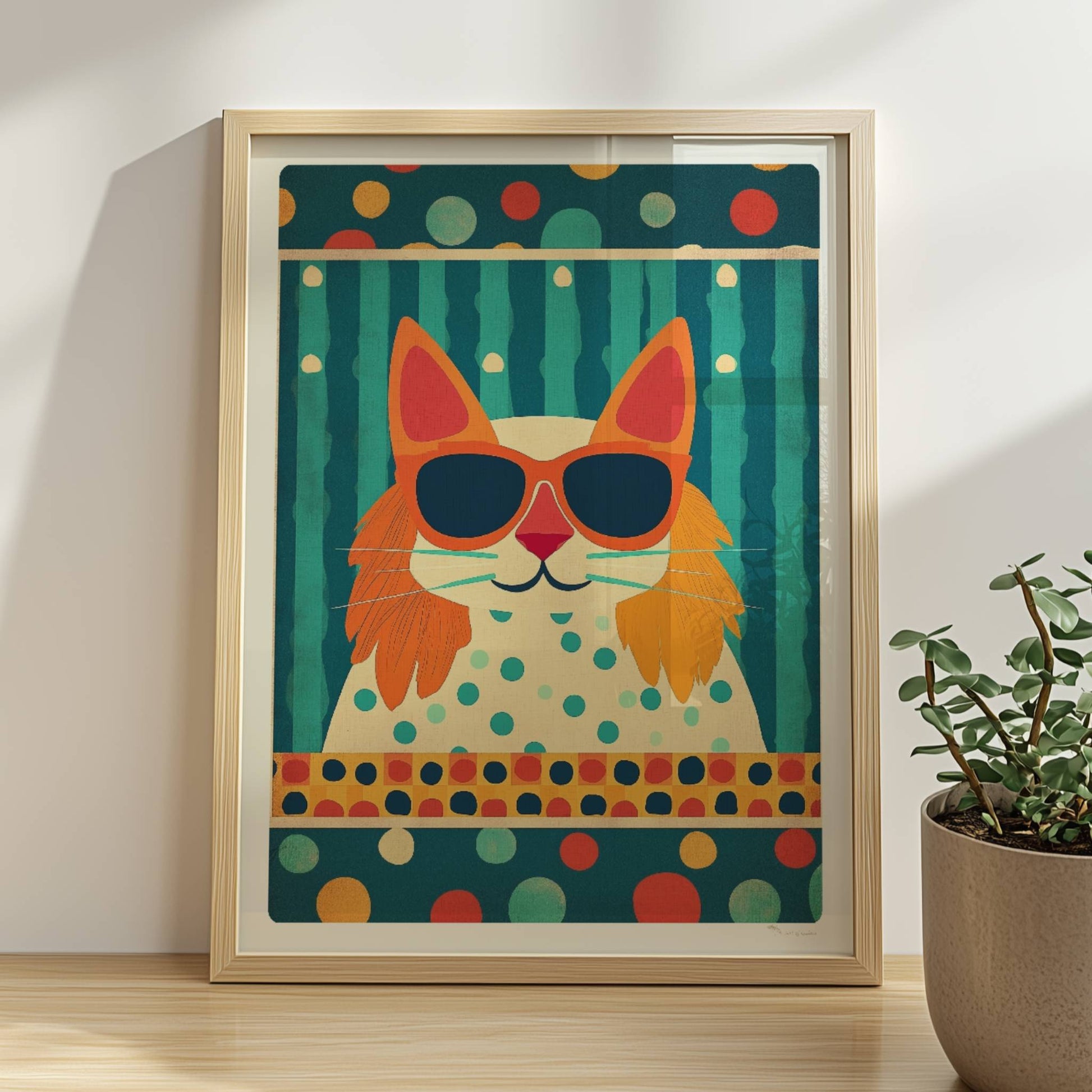 Rote Katze mit Koteletten und Sonnenbrille vor Streifen- und Punktmuster – verspielte Retro-Katzenkunst.. Rahmen natur 30x40