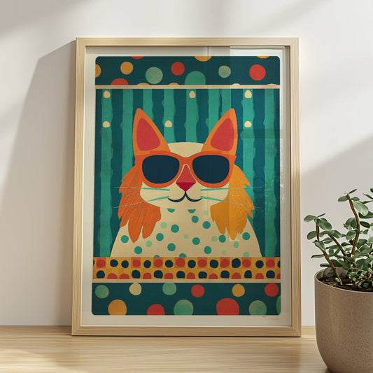 Rote Katze mit Koteletten und Sonnenbrille vor Streifen- und Punktmuster – verspielte Retro-Katzenkunst.. Rahmen natur 30x40