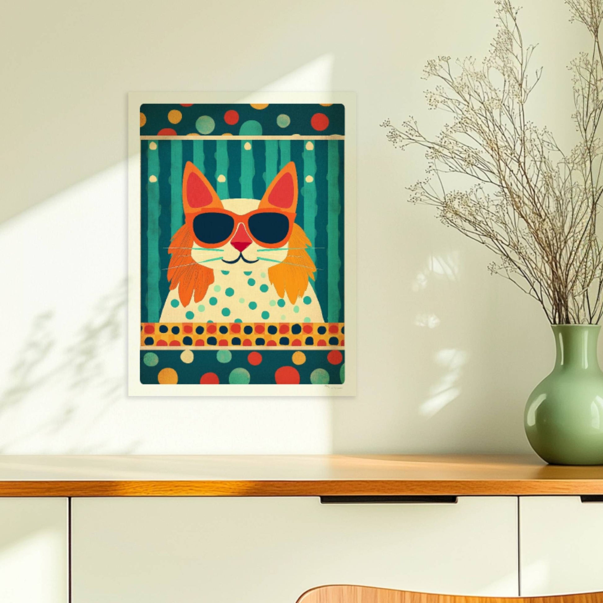 Rote Katze mit Koteletten und Sonnenbrille vor Streifen- und Punktmuster – verspielte Retro-Katzenkunst.. Ohne Rahmen 30x40