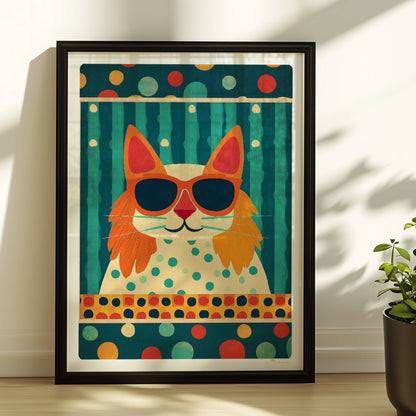 Rote Katze mit Koteletten und Sonnenbrille vor Streifen- und Punktmuster – verspielte Retro-Katzenkunst.. Rahmen schwarz 30x40