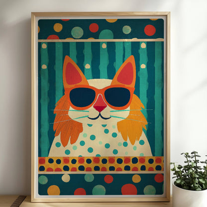 Rote Katze mit Koteletten und Sonnenbrille vor Streifen- und Punktmuster – verspielte Retro-Katzenkunst.. Rahmen natur 50x70