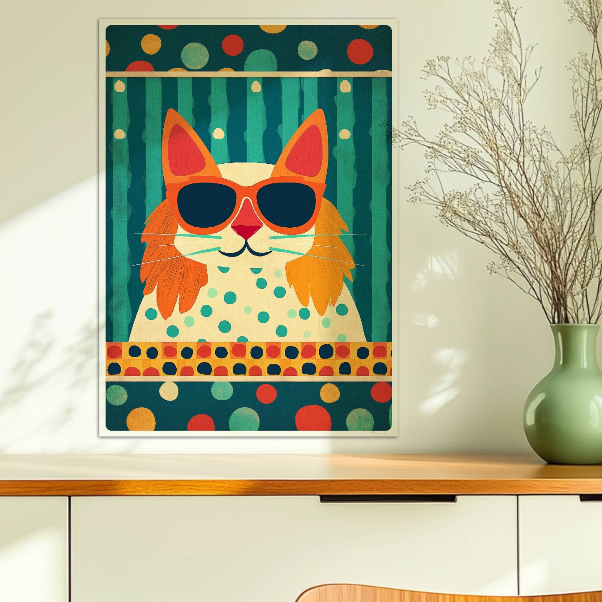Rote Katze mit Koteletten und Sonnenbrille vor Streifen- und Punktmuster – verspielte Retro-Katzenkunst.. Ohne Rahmen 50x70