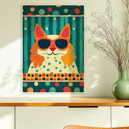 Rote Katze mit Koteletten und Sonnenbrille vor Streifen- und Punktmuster – verspielte Retro-Katzenkunst.. Ohne Rahmen 50x70