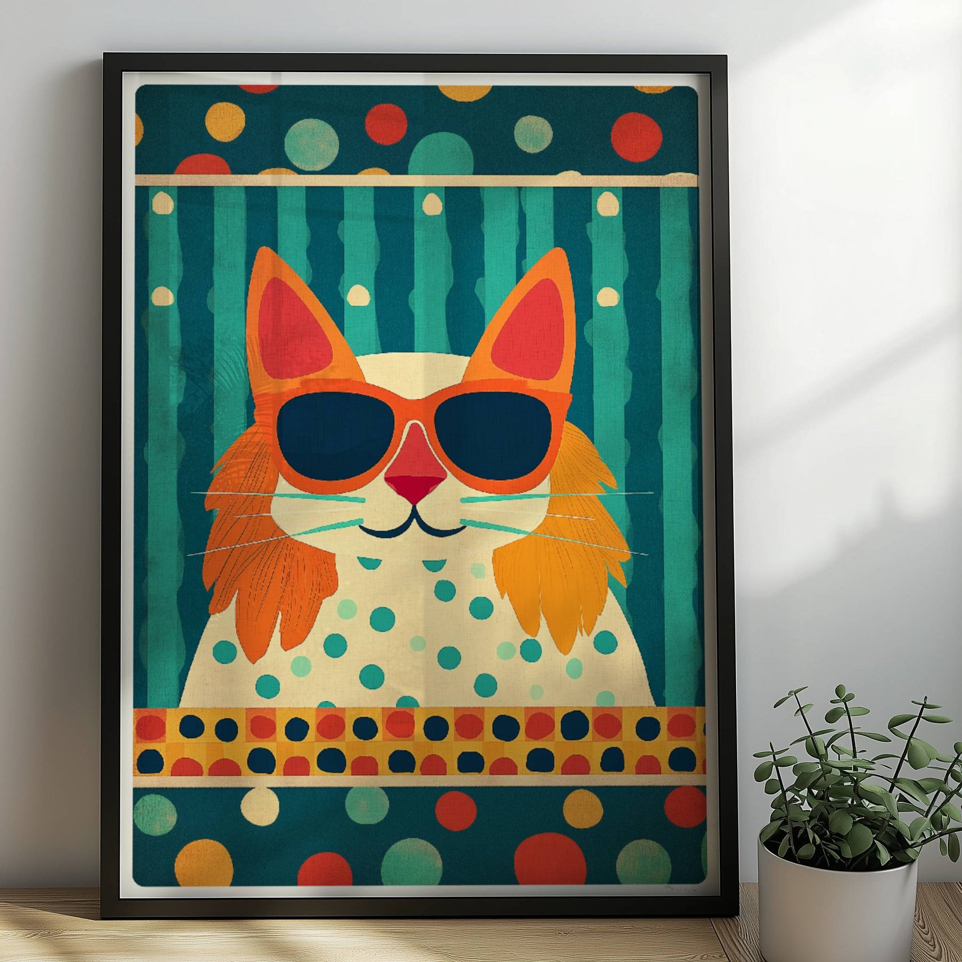 Rote Katze mit Koteletten und Sonnenbrille vor Streifen- und Punktmuster – verspielte Retro-Katzenkunst.. Rahmen schwarz 50x70