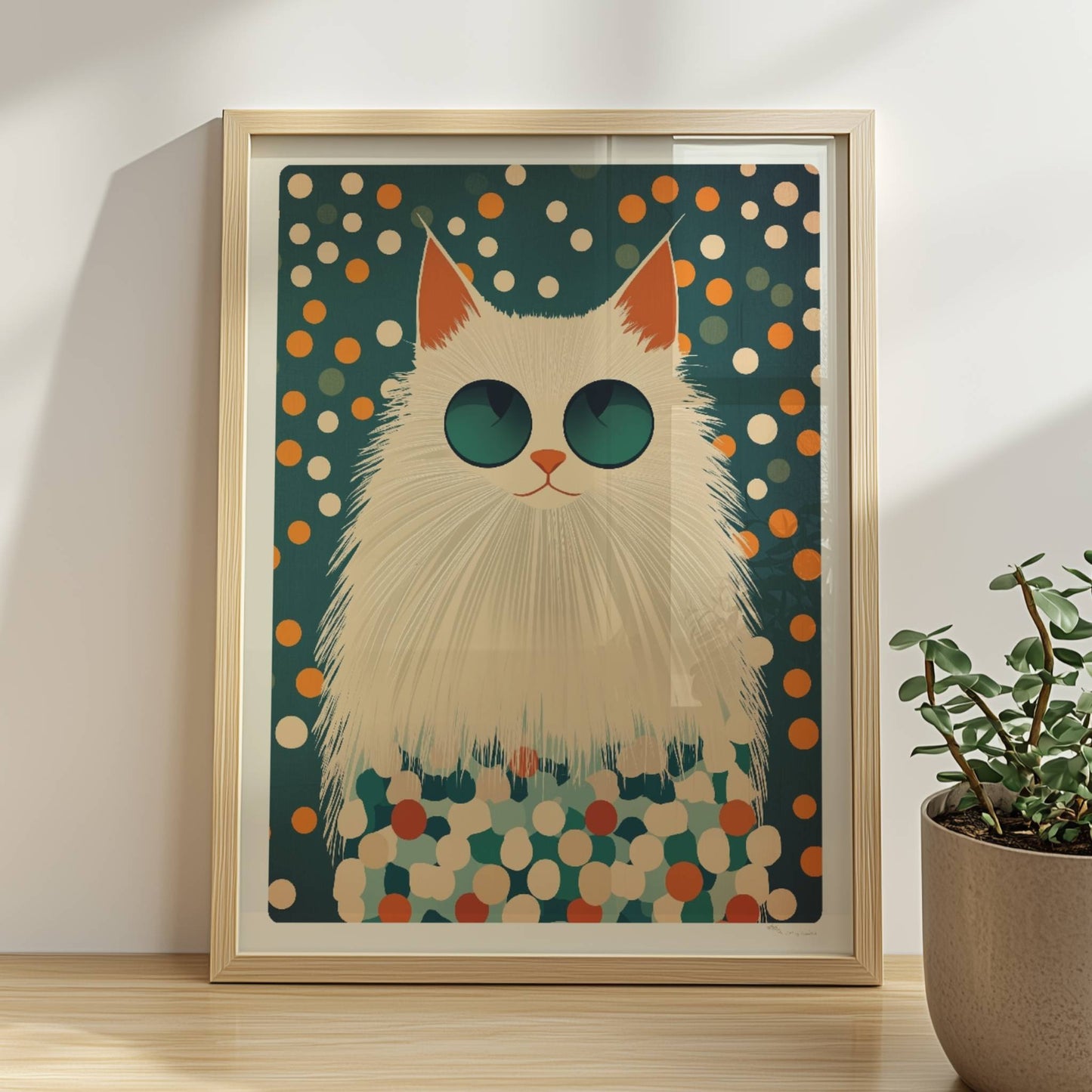 Weiße Katze mit cooler Sonnenbrille vor einem bunten Pünktchen-Hintergrund – Moderne Katzenkunst.. Rahmen natur 30x40