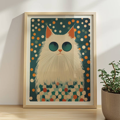 Weiße Katze mit cooler Sonnenbrille vor einem bunten Pünktchen-Hintergrund – Moderne Katzenkunst.. Rahmen natur 30x40