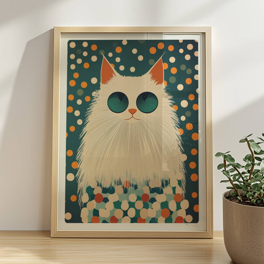 Weiße Katze mit cooler Sonnenbrille vor einem bunten Pünktchen-Hintergrund – Moderne Katzenkunst.. Rahmen natur 30x40