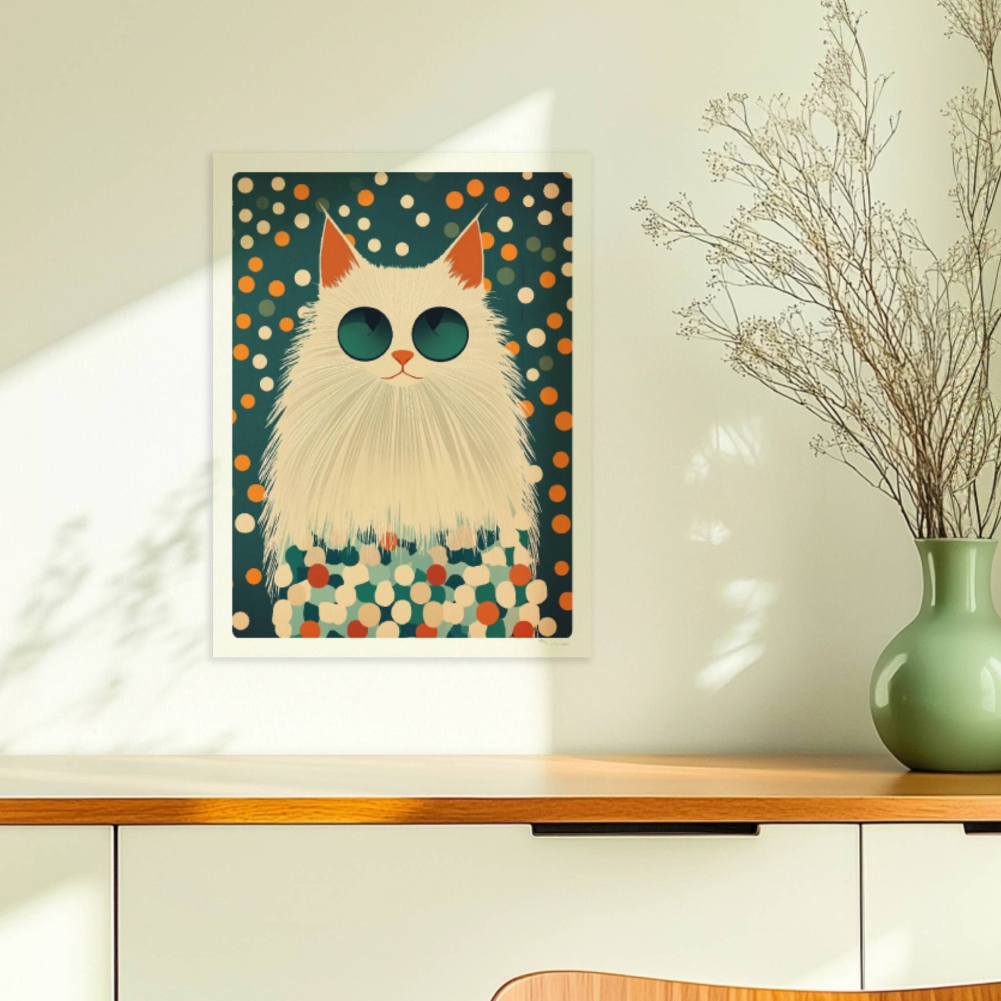 Weiße Katze mit cooler Sonnenbrille vor einem bunten Pünktchen-Hintergrund – Moderne Katzenkunst.. Ohne Rahmen 30x40