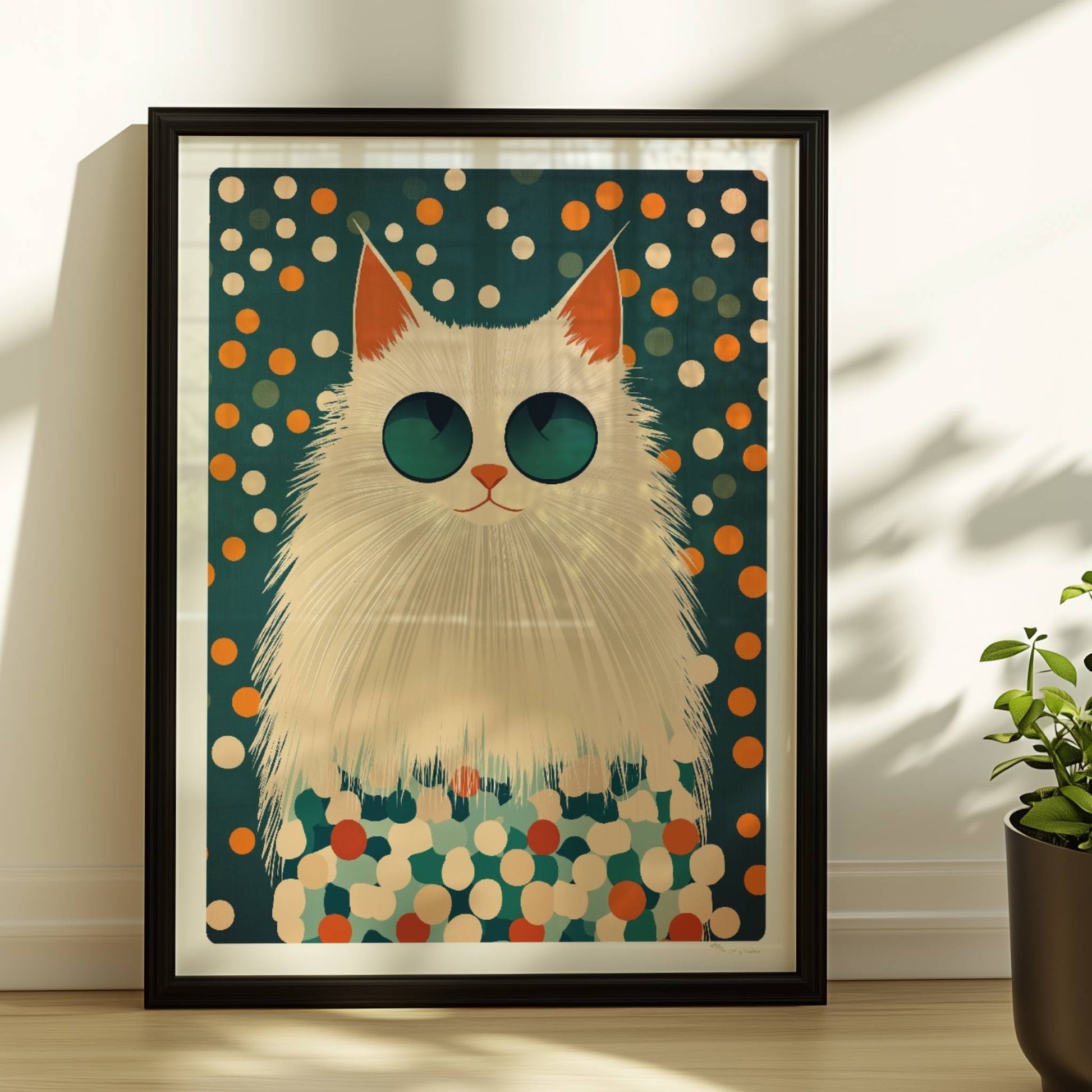 Weiße Katze mit cooler Sonnenbrille vor einem bunten Pünktchen-Hintergrund – Moderne Katzenkunst.. Rahmen schwarz 30x40