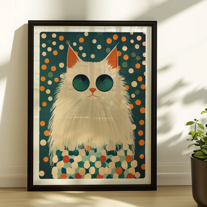 Weiße Katze mit cooler Sonnenbrille vor einem bunten Pünktchen-Hintergrund – Moderne Katzenkunst.. Rahmen schwarz 30x40