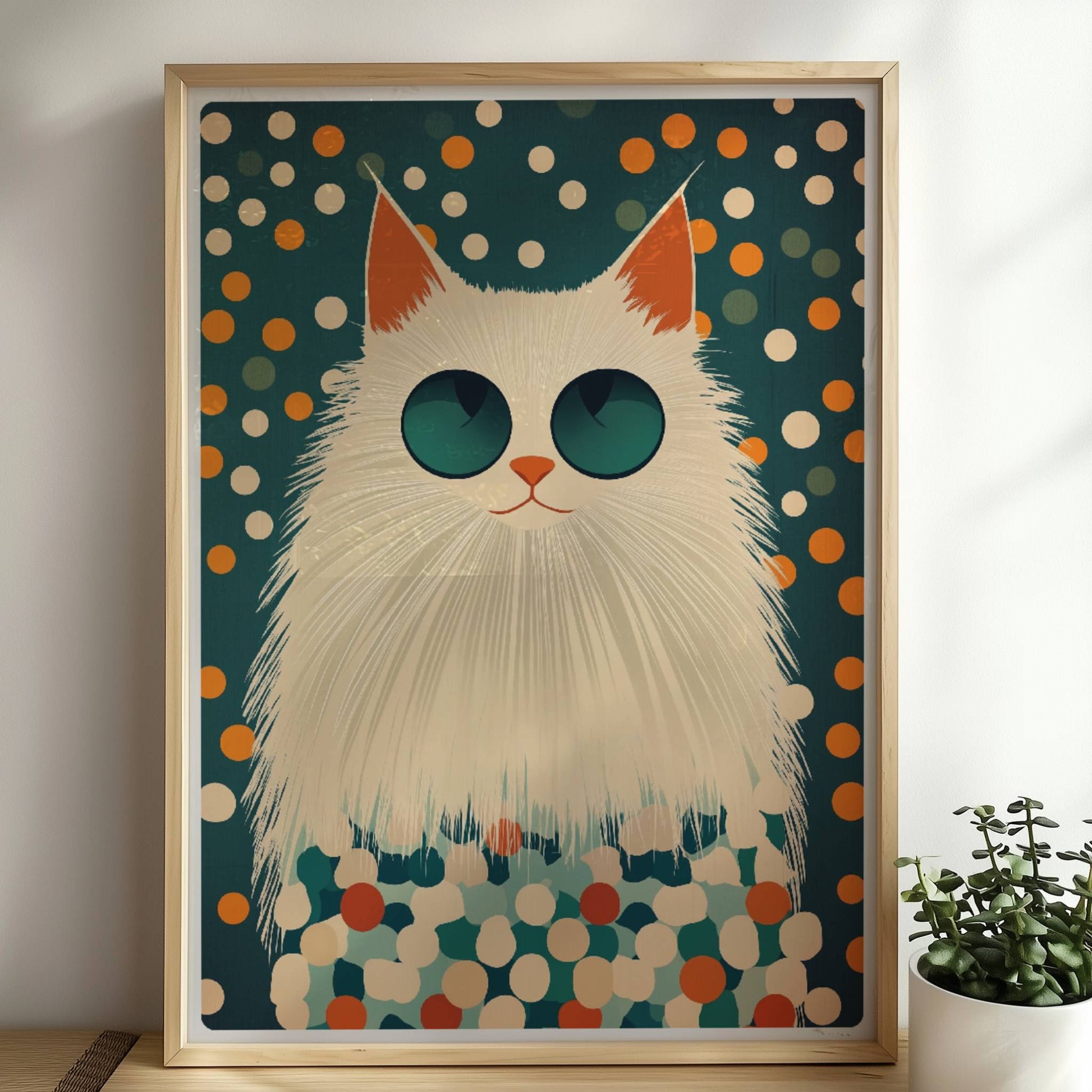 Weiße Katze mit cooler Sonnenbrille vor einem bunten Pünktchen-Hintergrund – Moderne Katzenkunst.. Rahmen natur 50x70