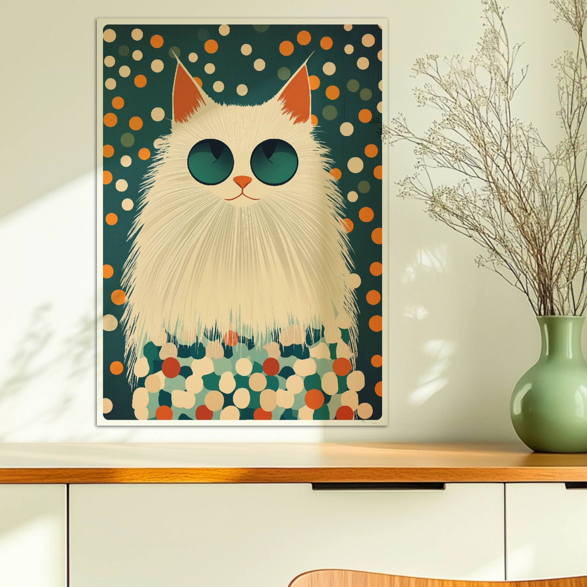 Weiße Katze mit cooler Sonnenbrille vor einem bunten Pünktchen-Hintergrund – Moderne Katzenkunst.. Ohne Rahmen 50x70